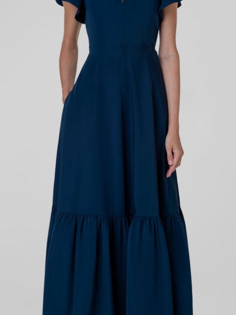 Akris Punto Women's Blue Cap-Sleeve Tiered-Hem Lined Taffeta Midi Dress Size 4